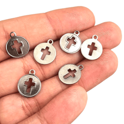 PINGENTE MEDALHA CRUZ AÇO - 14,4MM X 11,9MM - C/6